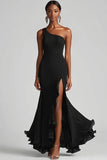 Vestido formal de sirena de gasa negra de un hombro con abertura