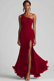 Vestido formal de sirena de gasa negra de un hombro con abertura