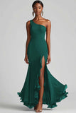 Vestido formal de sirena de gasa negra de un hombro con abertura