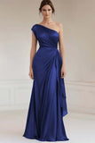 Vestido formal fruncido azul grisáceo de un hombro