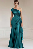 Vestido formal fruncido azul grisáceo de un hombro