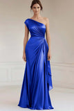 Vestido formal fruncido azul grisáceo de un hombro