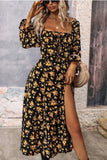 Vestido de verano de manga larga Negro Amarillo Floral A Line