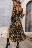 Vestido de verano de manga larga Negro Amarillo Floral A Line