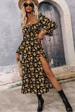 Vestido de verano de manga larga Negro Amarillo Floral A Line