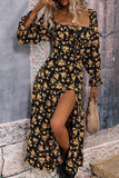 Vestido de verano de manga larga Negro Amarillo Floral A Line