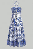 Blanco Azul Floral Halter A Line Vestido de Verano