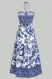 Blanco Azul Floral Halter A Line Vestido de Verano