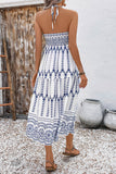 Blanco Azul Floral Halter A Line Vestido de Verano