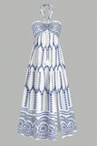 Blanco Azul Floral Halter A Line Vestido de Verano