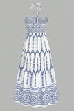 Blanco Azul Floral Halter A Line Vestido de Verano