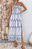 Blanco Azul Floral Halter A Line Vestido de Verano