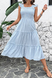 Vestido midi de verano con cuello cuadrado a rayas azules