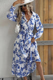 Vestido de verano de manga larga con solapa azul estampado
