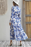 Vestido de verano de manga larga con solapa azul estampado
