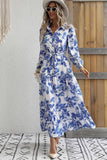 Vestido de verano de manga larga con solapa azul estampado