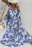 Vestido de verano de manga larga con solapa azul estampado