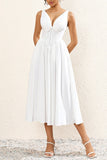 Vestido midi de verano blanco sencillo de una línea con lazo