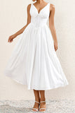 Vestido midi de verano blanco sencillo de una línea con lazo