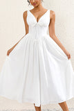Vestido midi de verano blanco sencillo de una línea con lazo
