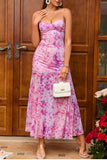 Fucsia A Line Floral Vestido Largo de Verano