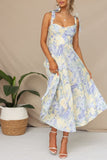 Amarillo Flor Azul Una Línea Vestido Largo de Verano