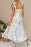 Amarillo Flor Azul Una Línea Vestido Largo de Verano
