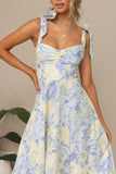 Amarillo Flor Azul Una Línea Vestido Largo de Verano
