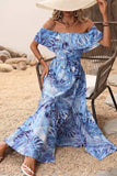 Vestido de verano con estampado verde naranja con abertura y hombros descubiertos