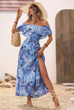 Vestido de verano con estampado verde naranja con abertura y hombros descubiertos