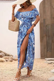 Vestido de verano con estampado verde naranja con abertura y hombros descubiertos