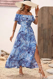 Vestido de verano con estampado verde naranja con abertura y hombros descubiertos
