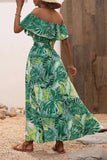 Vestido de verano con estampado verde naranja con abertura y hombros descubiertos