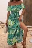 Vestido de verano con estampado verde naranja con abertura y hombros descubiertos