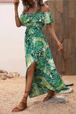 Vestido de verano con estampado verde naranja con abertura y hombros descubiertos