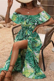 Vestido de verano con estampado verde naranja con abertura y hombros descubiertos