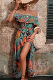 Vestido de verano con estampado verde naranja con abertura y hombros descubiertos