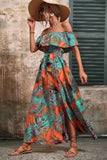 Vestido de verano con estampado verde naranja con abertura y hombros descubiertos