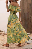 Vestido de verano con estampado verde naranja con abertura y hombros descubiertos