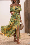 Vestido de verano con estampado verde naranja con abertura y hombros descubiertos
