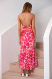 Vestido de verano floral con tirantes de espagueti fucsia