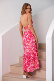 Vestido de verano floral con tirantes de espagueti fucsia