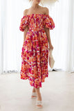 Vestido de verano naranja con mangas abullonadas con hombros descubiertos