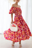 Vestido de verano naranja con mangas abullonadas con hombros descubiertos
