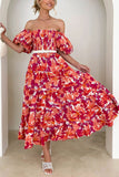 Vestido de verano naranja con mangas abullonadas con hombros descubiertos