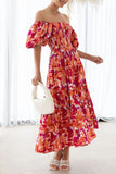 Vestido de verano naranja con mangas abullonadas con hombros descubiertos