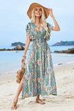 Vestido de verano verde con estampado de mangas abullonadas y abertura