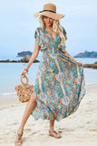 Vestido de verano verde con estampado de mangas abullonadas y abertura