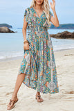 Vestido de verano verde con estampado de mangas abullonadas y abertura