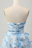 Vestido corto de regreso a casa sin tirantes de flores blancas azules de una línea con lazo